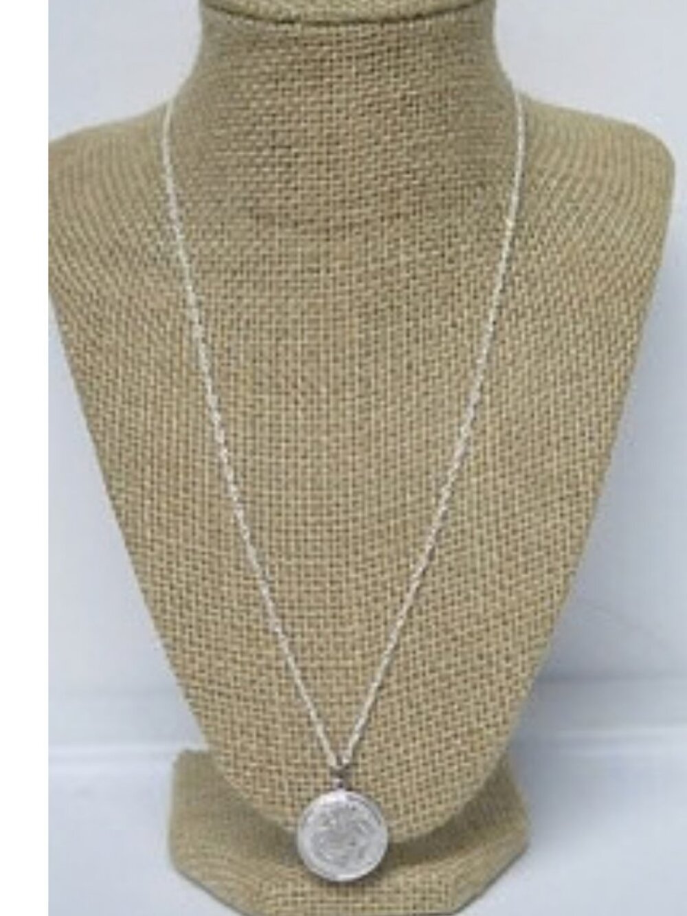Silver Tone Bell Pendant Necklace Round Medallion Estate Pendant New Chain